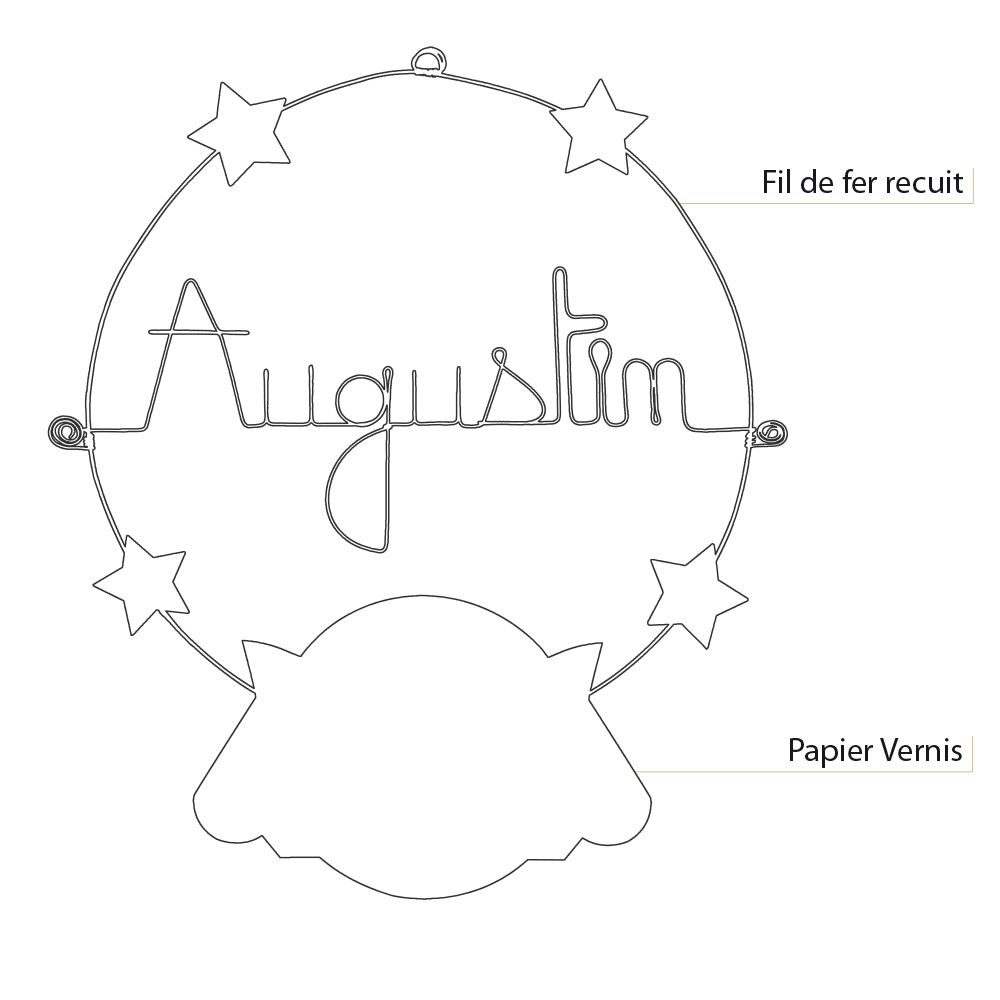 Prénom Augustin en fil de fer - Chouette bleue - Bijoux de mur