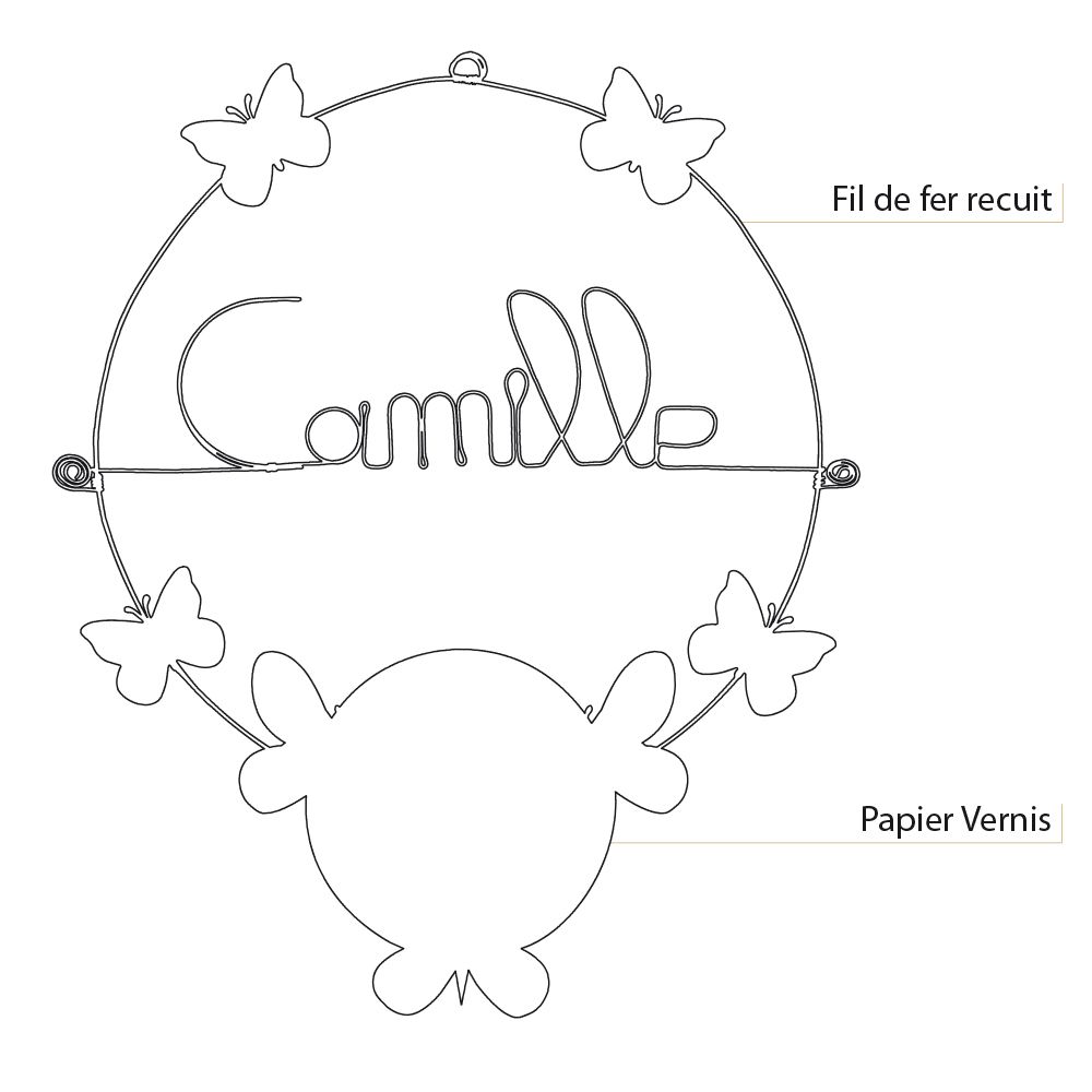 Prénom Camille en fil de fer - Papillon rose - Bijoux de mur