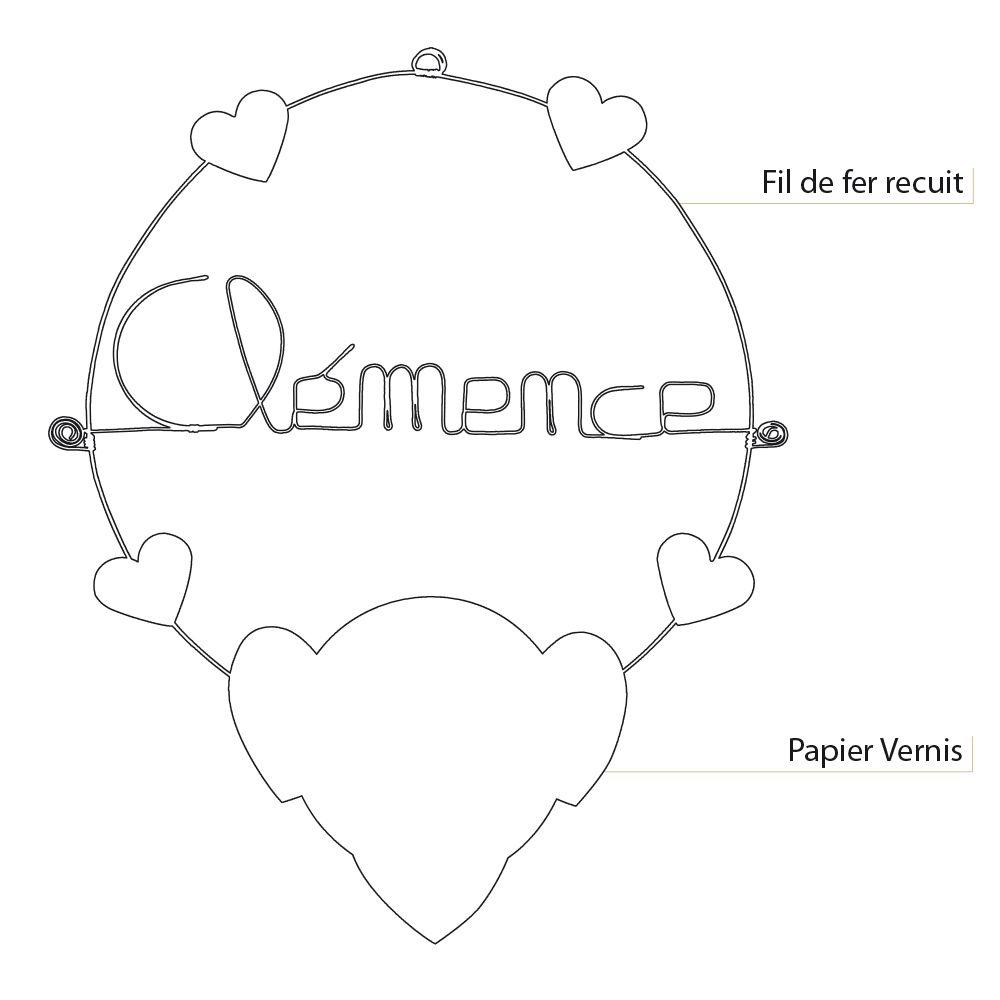Prénom Clémence en fil de fer - Coeur noir - Bijoux de mur