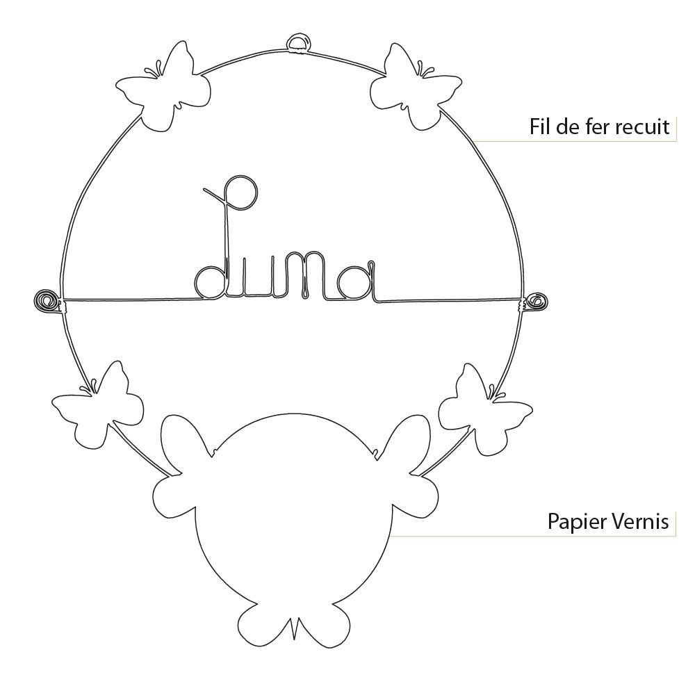 Prénom Luna en fil de fer - Papillon rose - Bijoux de mur