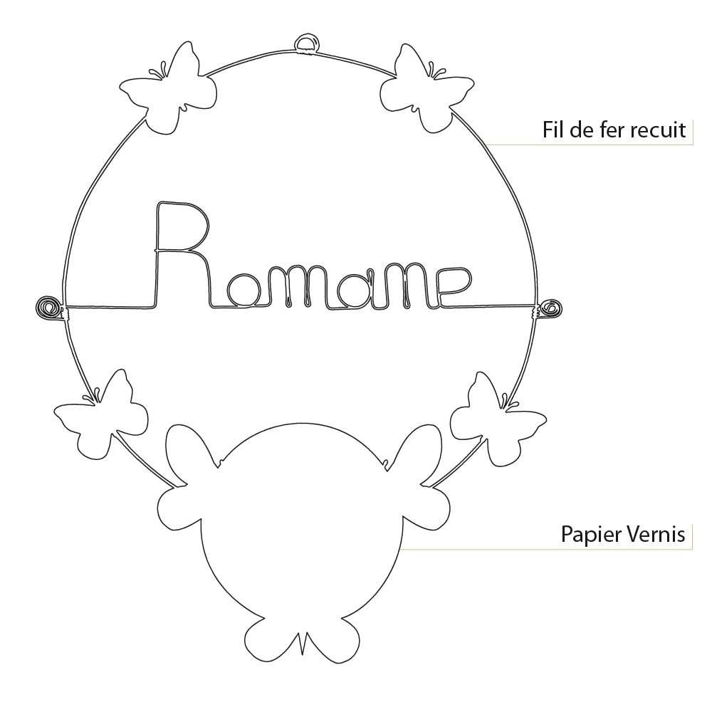 Prénom Romane en fil de fer - Papillon rose- Bijoux de mur