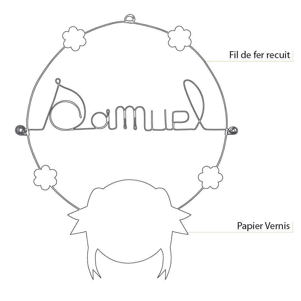 Prénom Samuel en fil de fer - Oiseau blanc - Bijoux de mur