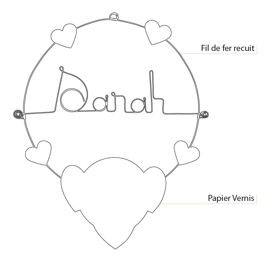 Prénom Sarah en fil de fer - Coeur noir - Bijoux de mur