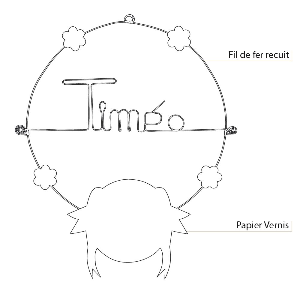 Prénom Timéo en fil de fer - Oiseau blanc - Bijoux de mur