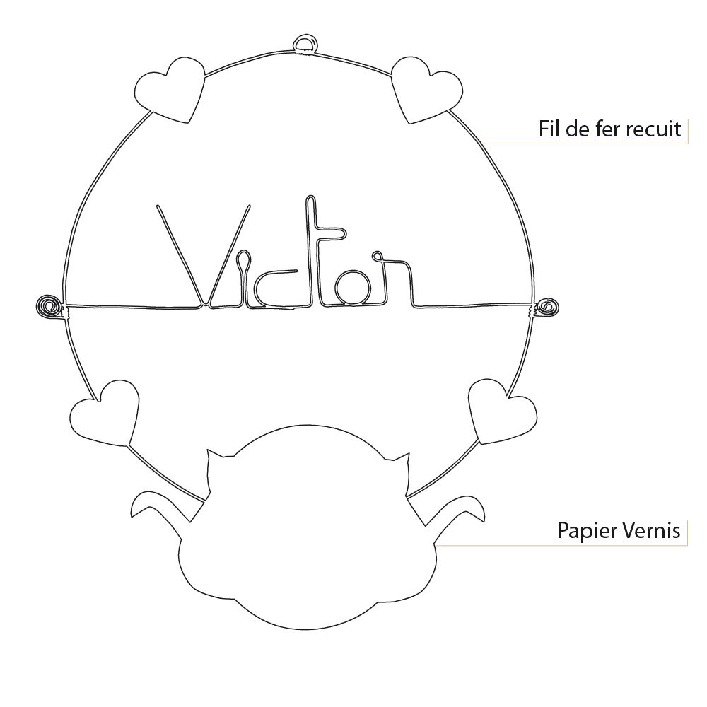 Prénom Victor en fil de fer - Chat blanc - Bijoux de mur