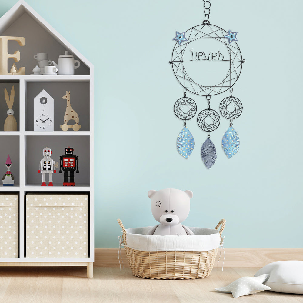 Attrape-rêves en fil de fer - Étoile - Bleu : Rêves - environ 28 x 65 cm - Bijoux de mur