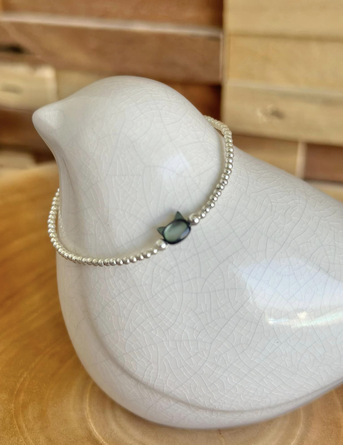 Bracelet en argent 925, tête de chat en nacre gris/noir
