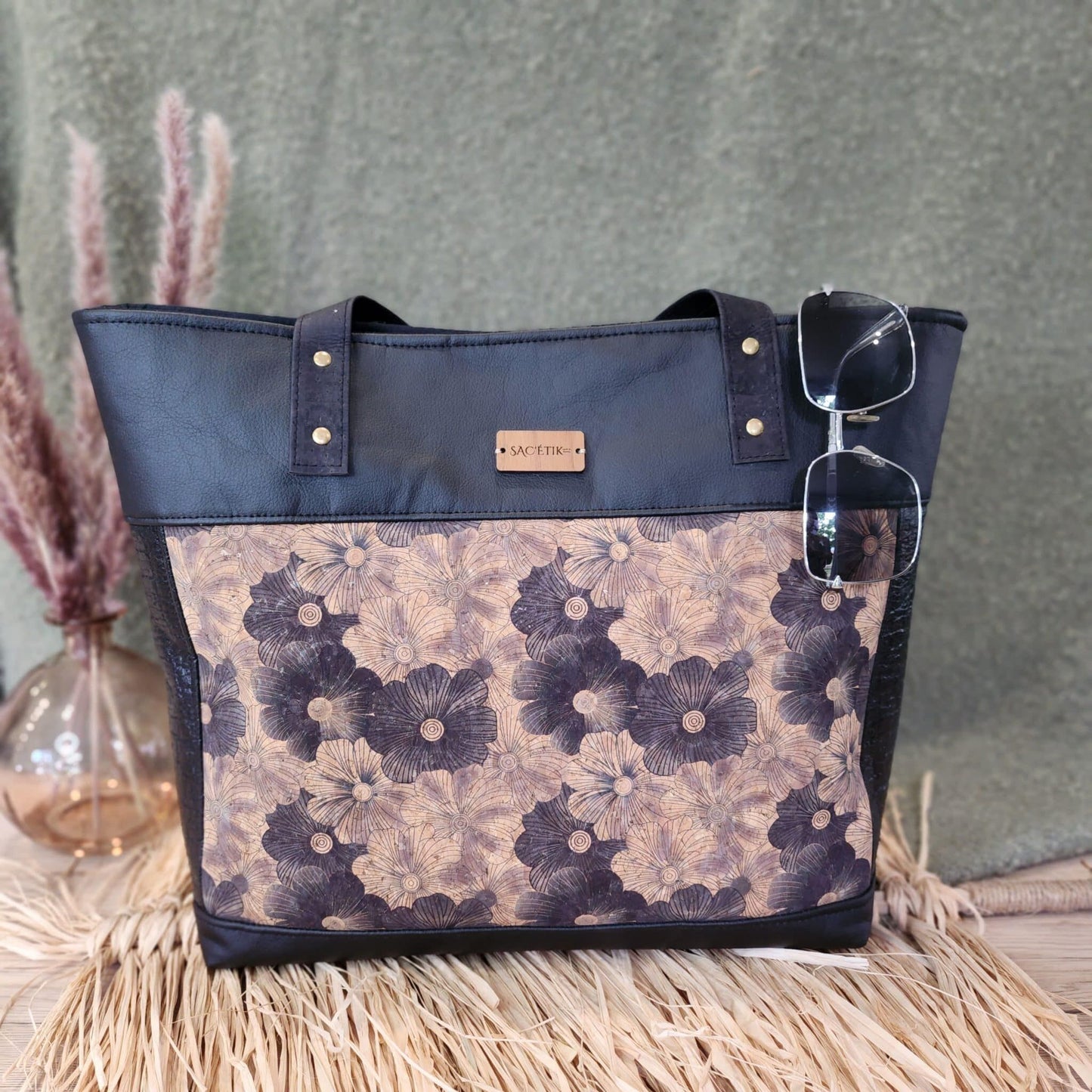 Sac Jasmin en Piñatex (Piñatex) noir et liège