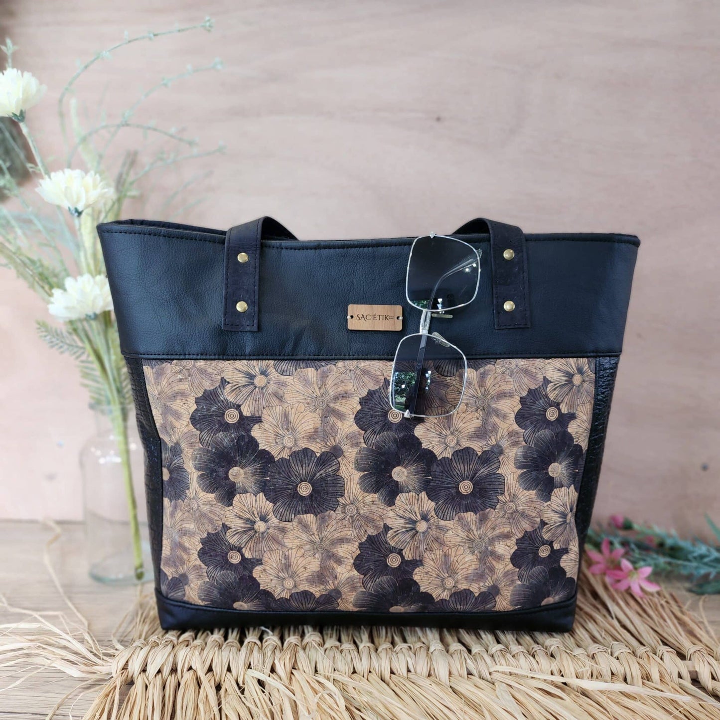 Sac Jasmin en Piñatex (Piñatex) noir et liège