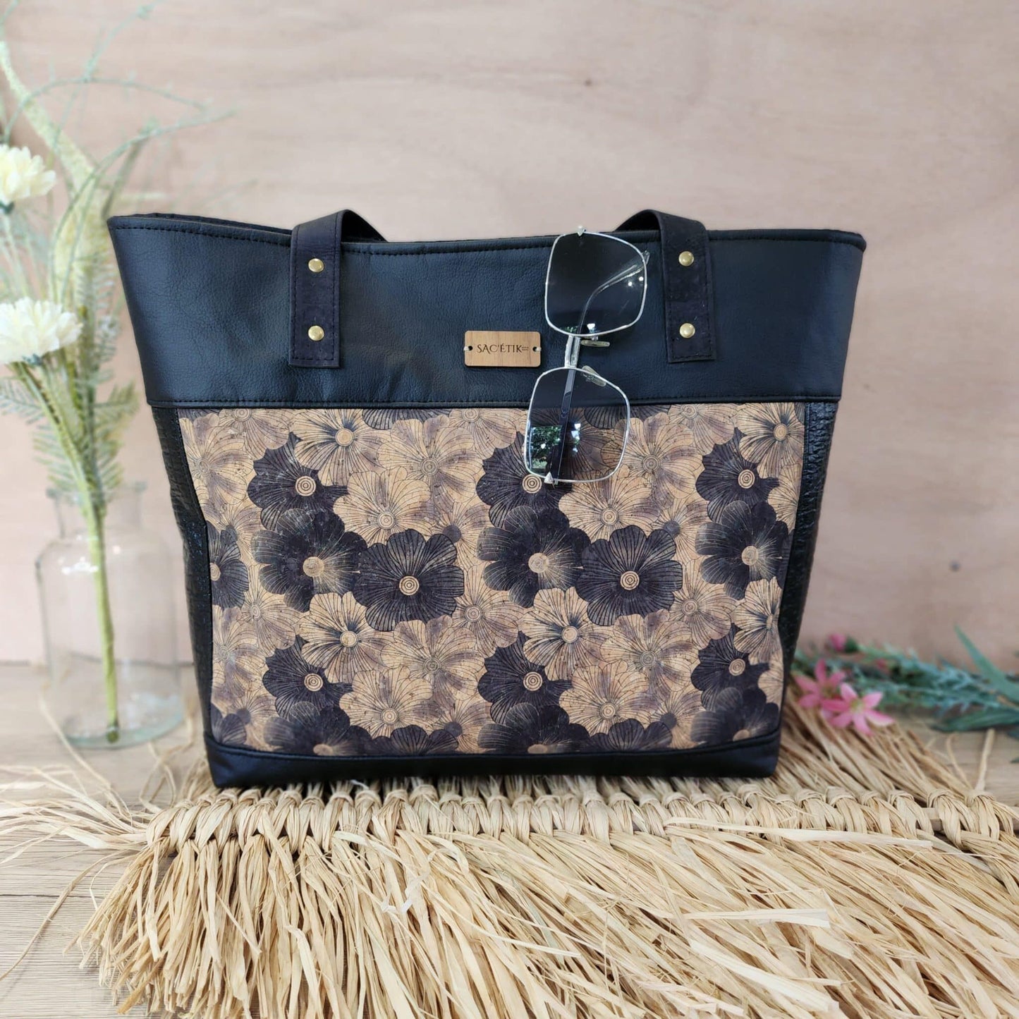 Sac Jasmin en Piñatex (Piñatex) noir et liège