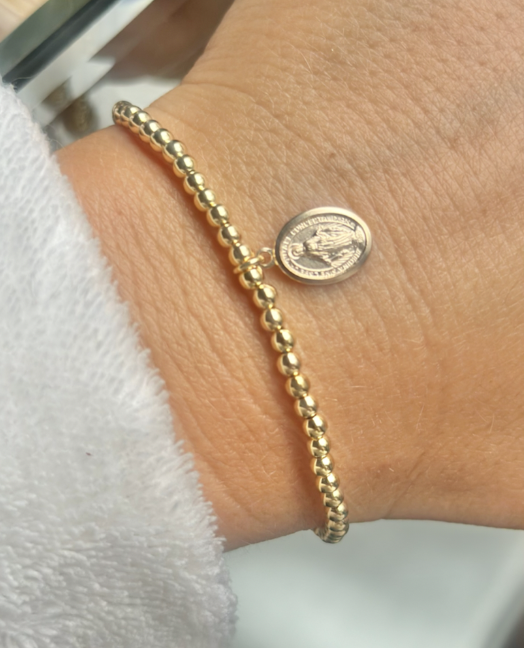 Bracelet or, pendentif vierge (perles 3mm)
