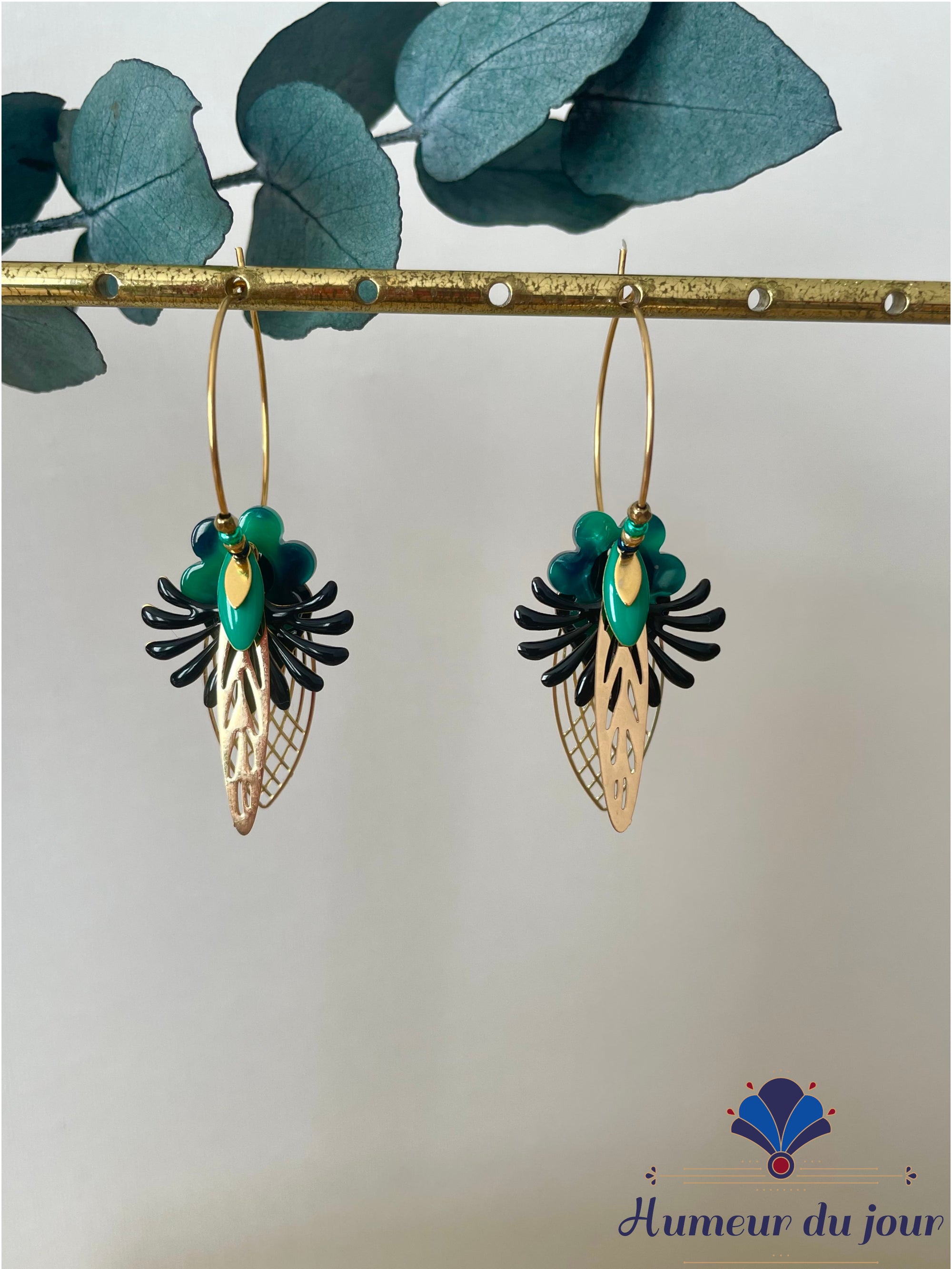 Créoles "Fleurs du soir" vertes et noires