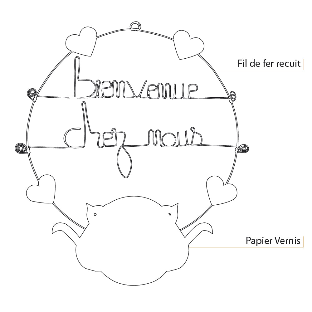 Message coloré en fil de fer - Chat - Noir : Bienvenue chez nous - environ 37 x 44 cm - Bijoux de mur