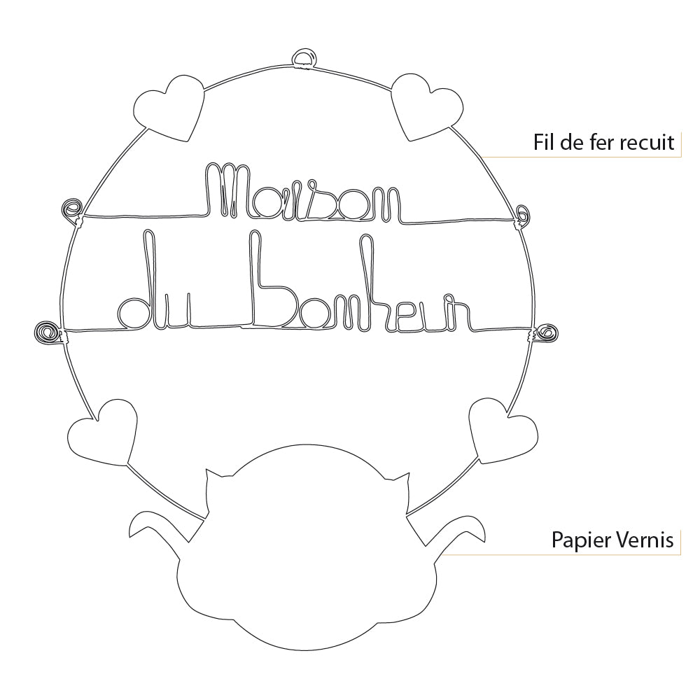 Message coloré en fil de fer - Chat - Blanc : Maison du bonheur - environ 37 x 44 cm - Bijoux de mur