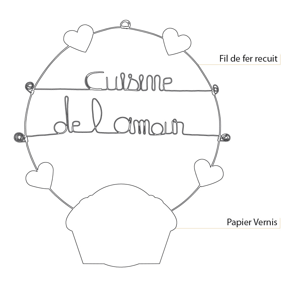 Message coloré en fil de fer - Cupcake - Noir : Cuisine de l'amour - environ 37 x 44 cm - Bijoux de mur