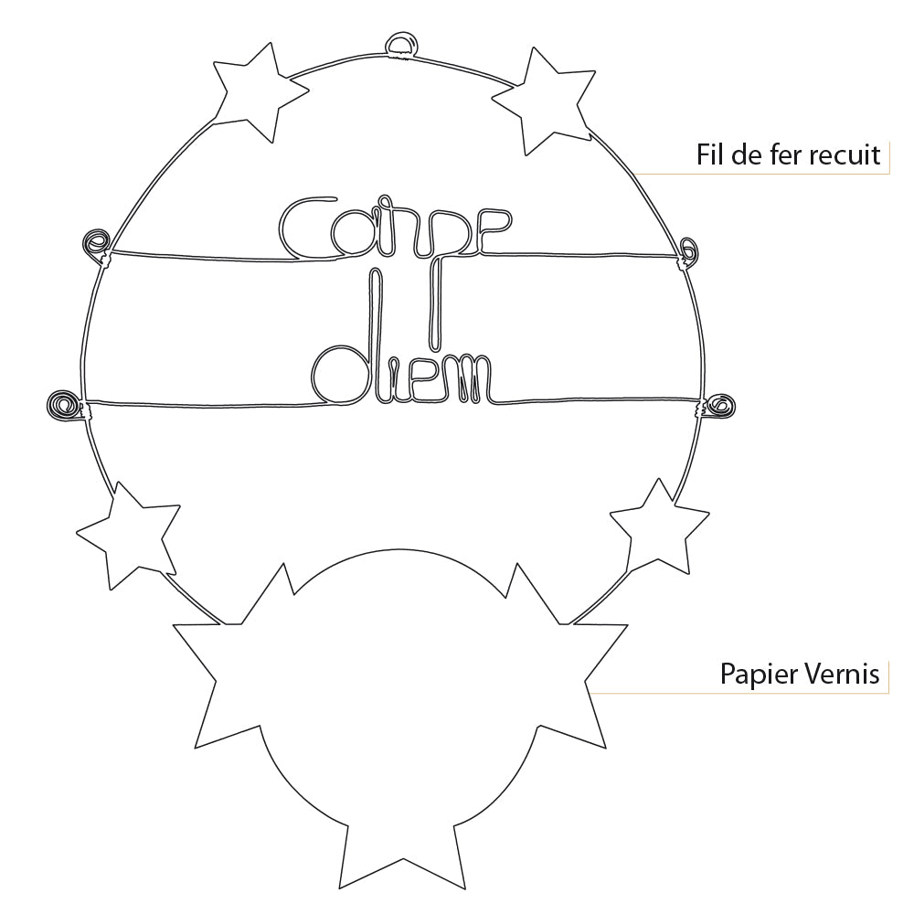 Message coloré en fil de fer - Étoile - Noir : Carpe diem - environ 37 x 44 cm - Bijoux de mur