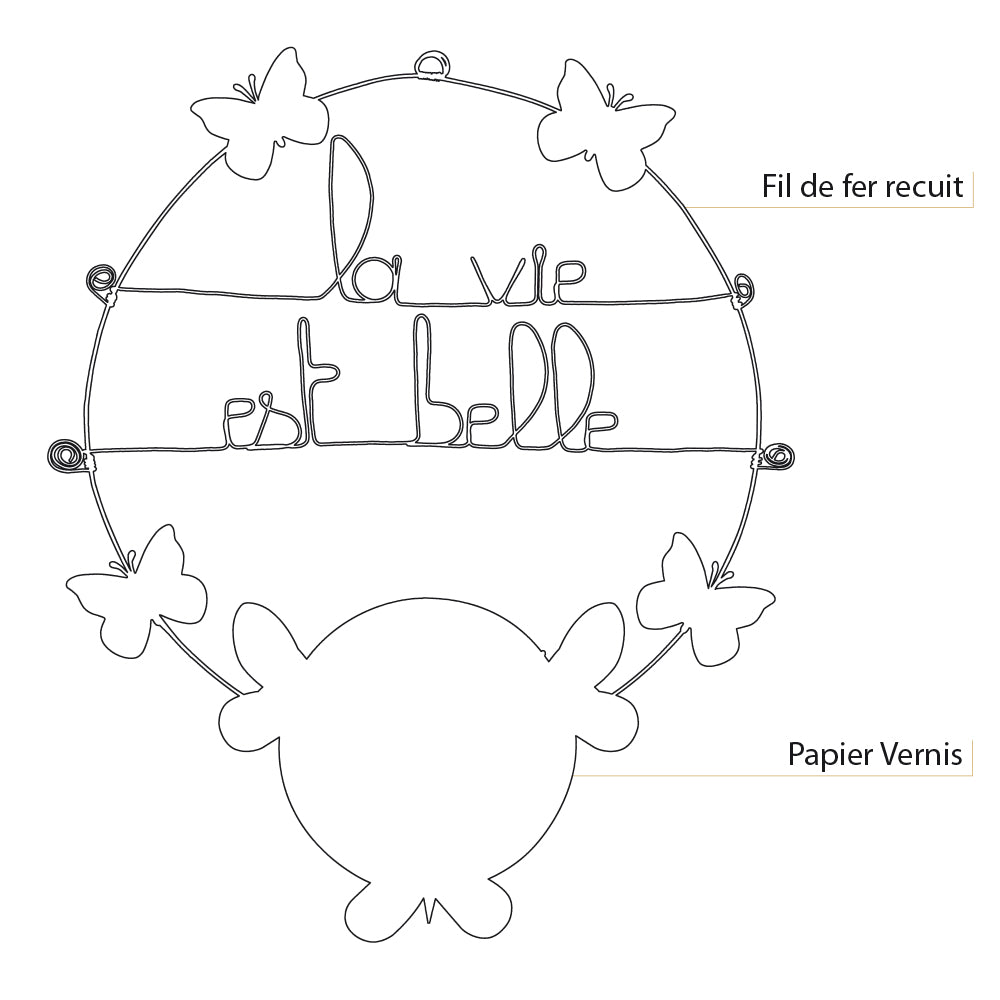 Message coloré en fil de fer - Papillon - Blanc : La vie est belle - environ 37 x 46 cm - Bijoux de mur