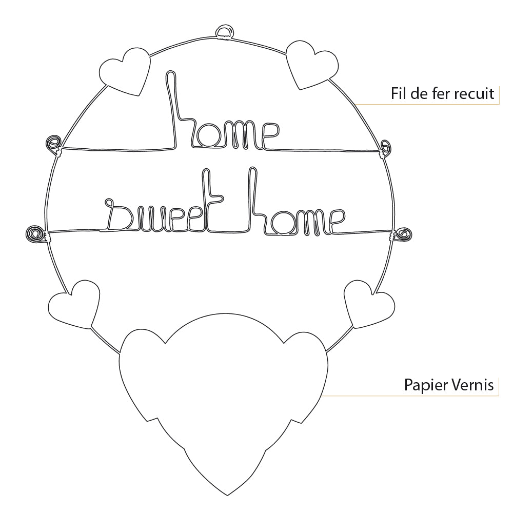 Message coloré en fil de fer - Coeur - Noir : Home sweet home - environ 37 x 47 cm - Bijoux de mur