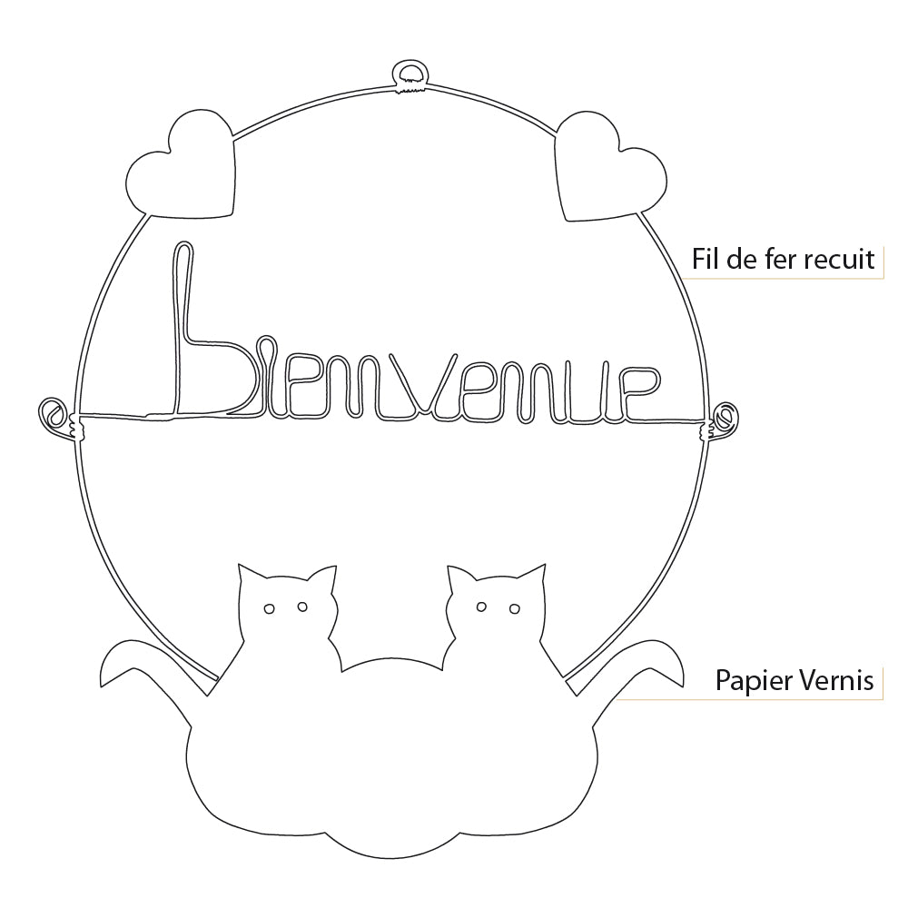 Message coloré en fil de fer - Chat - Noir : Bienvenue - environ 29 x 33 cm - Bijoux de mur