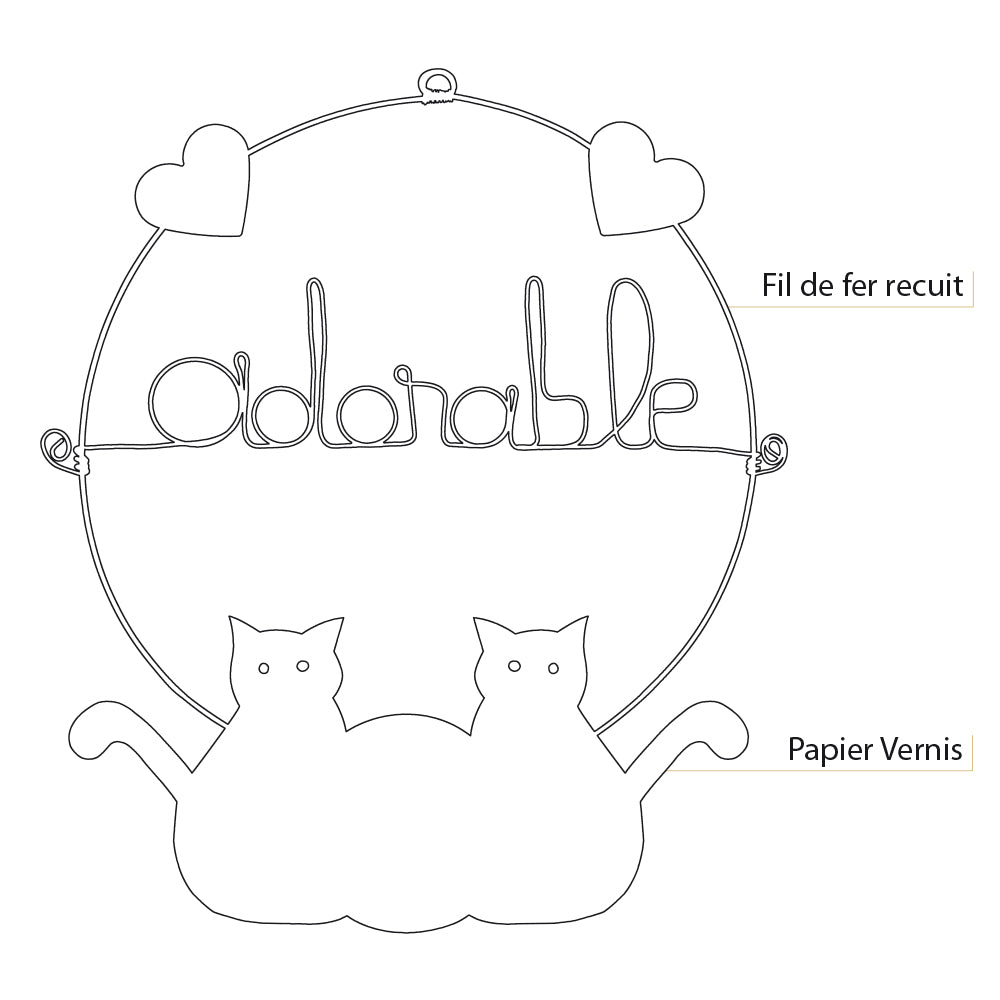 Message coloré en fil de fer - Chat - Rose : Adorable - environ 29 x 33 cm - Bijoux de mur