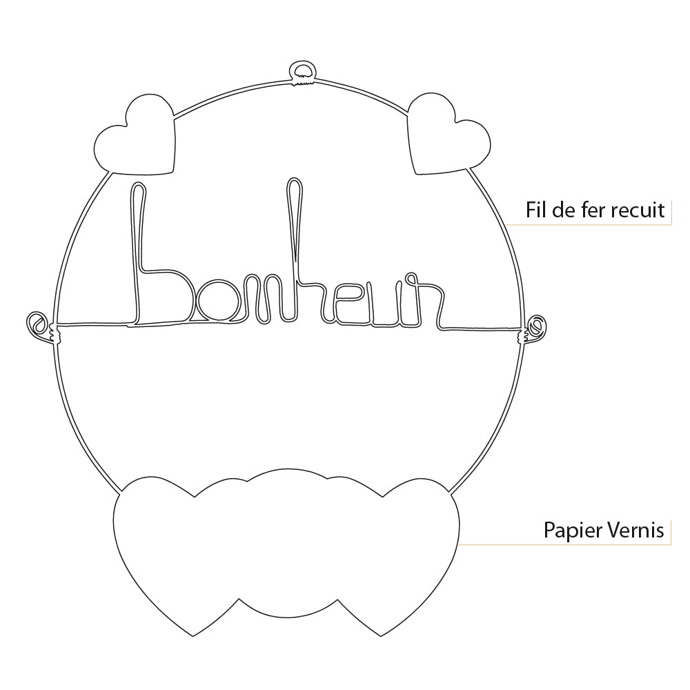 Message coloré en fil de fer - Coeur - Rose : Bonheur - environ 29 x 33 cm - Bijoux de mur