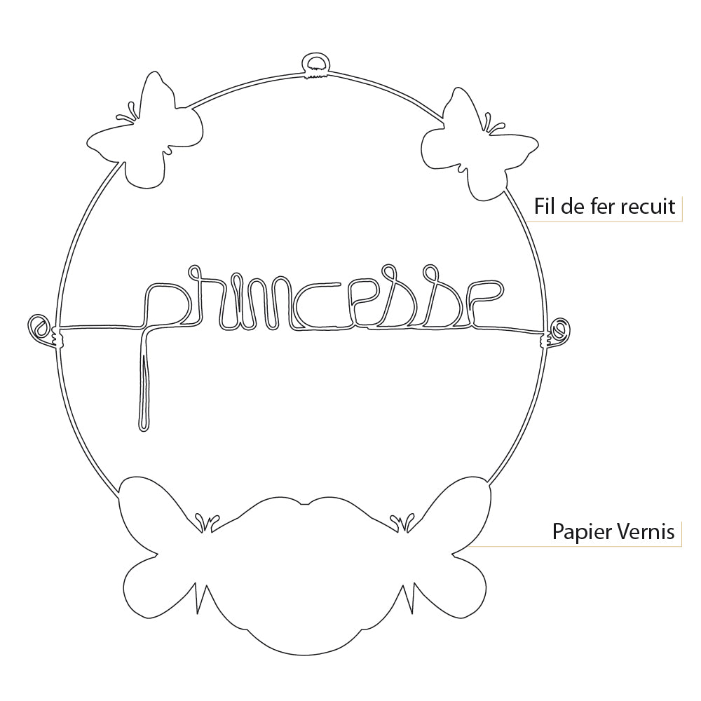 Message coloré en fil de fer - Papillon - Rose : Princesse - environ 29 x 32 cm - Bijoux de mur