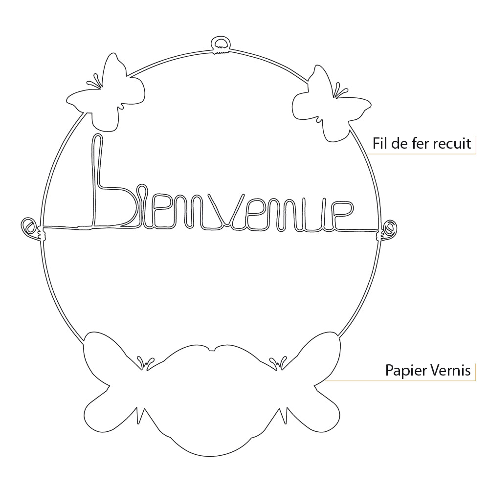 Message coloré en fil de fer - Papillon - Blanc : Bienvenue - environ 29 x 32 cm - Bijoux de mur