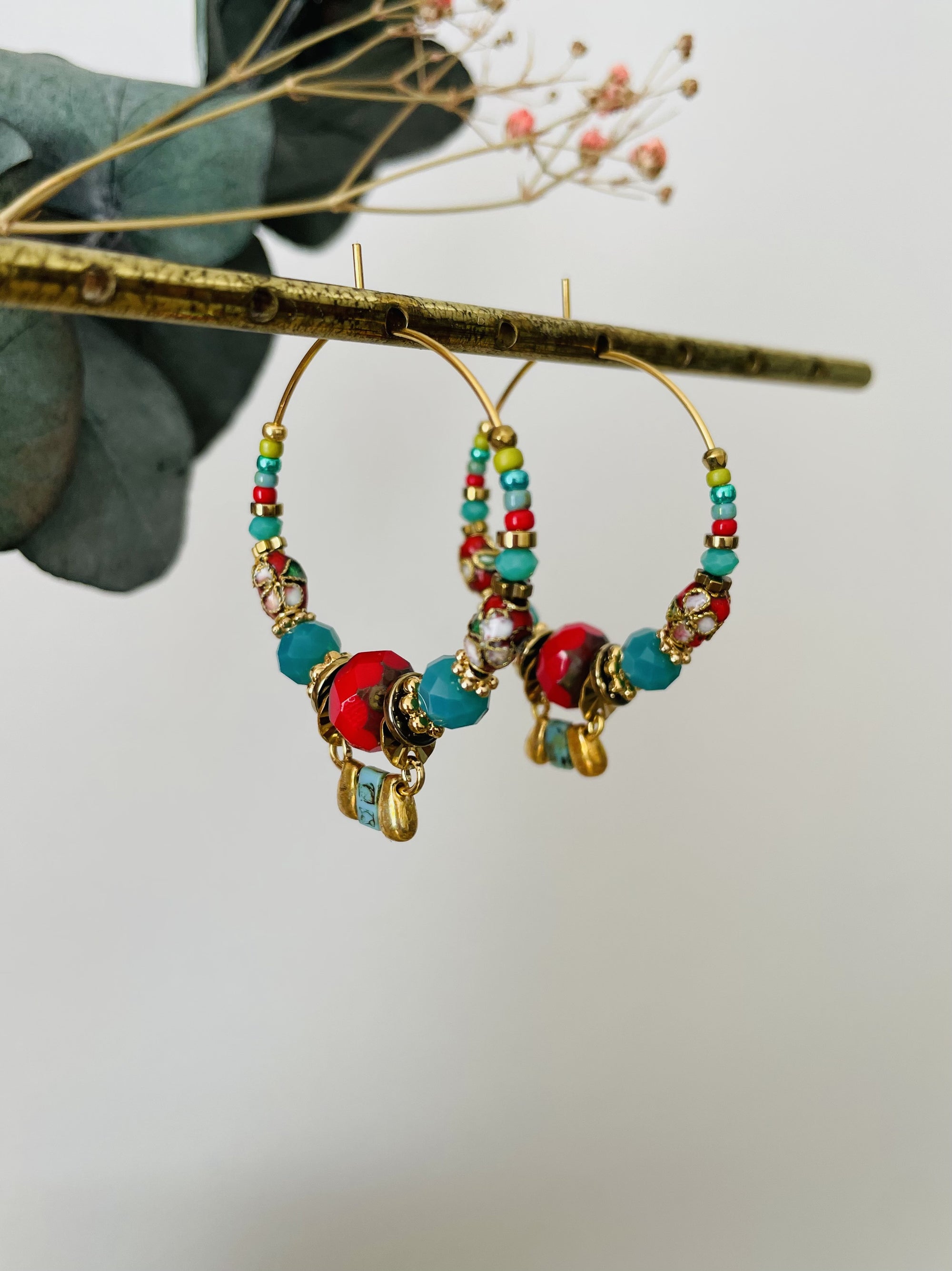 Créoles "bohemienne" rouge et bleu