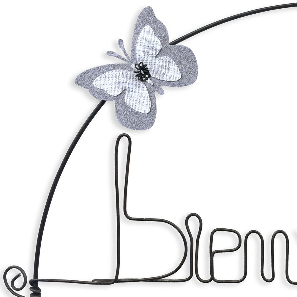 Message coloré en fil de fer - Papillon - Blanc : Bienvenue - environ 29 x 32 cm - Bijoux de mur