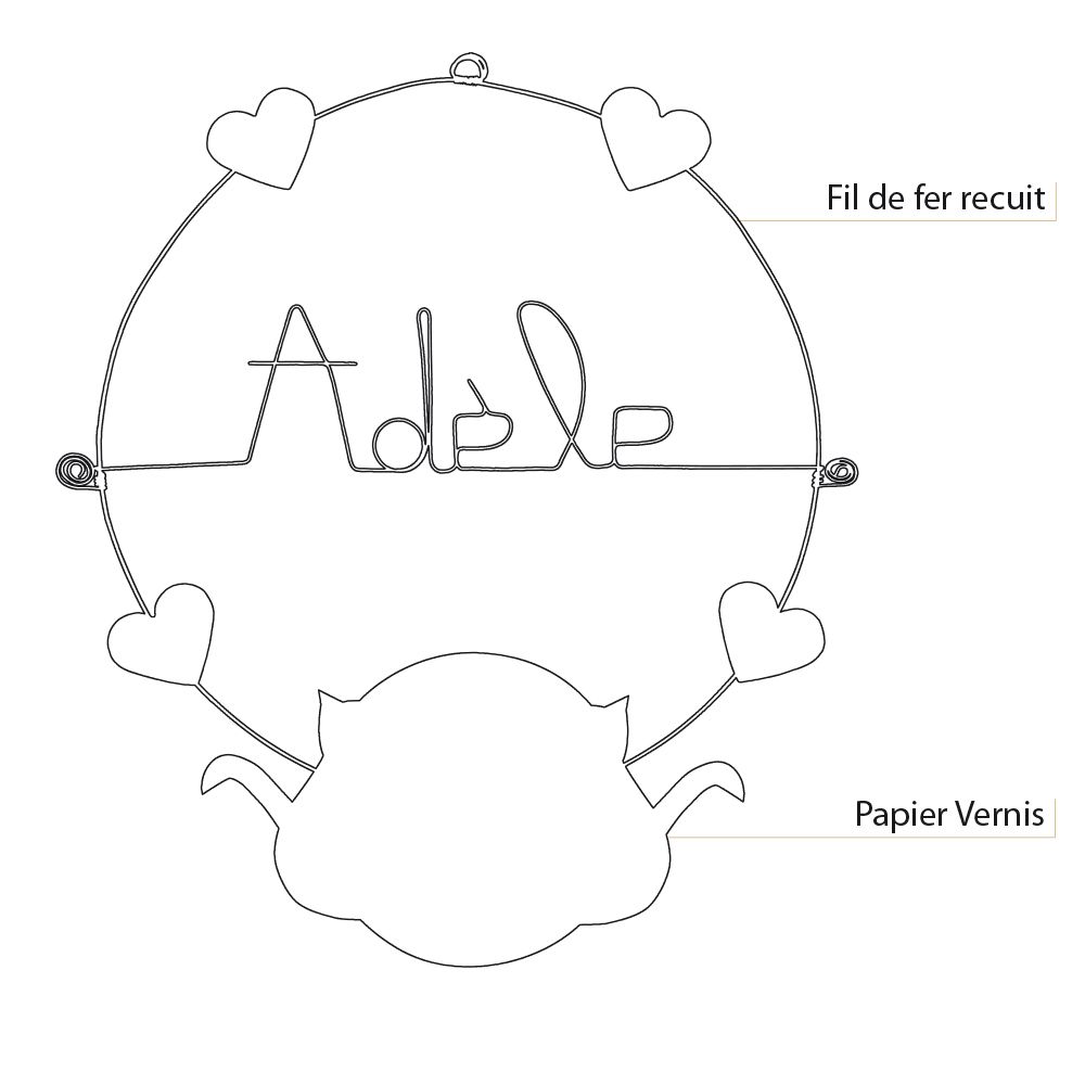 Prénom Adèle en fil de fer - Chat blanc - Bijoux de mur