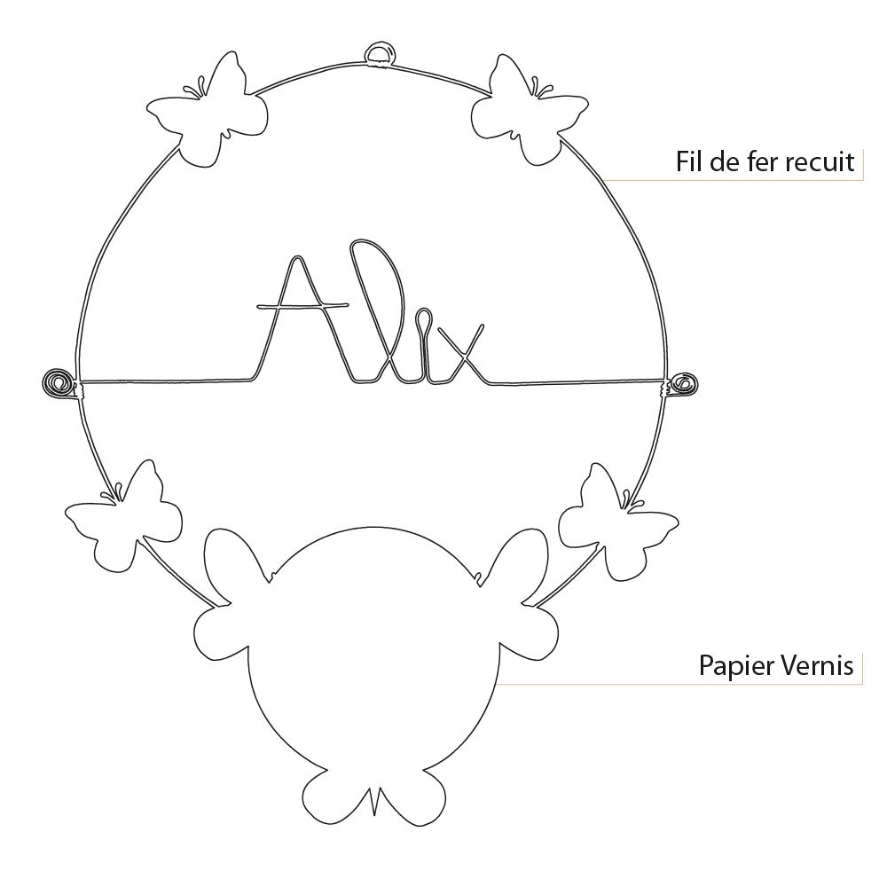 Prénom Alix en fil de fer - Papillon rose - Bijoux de mur