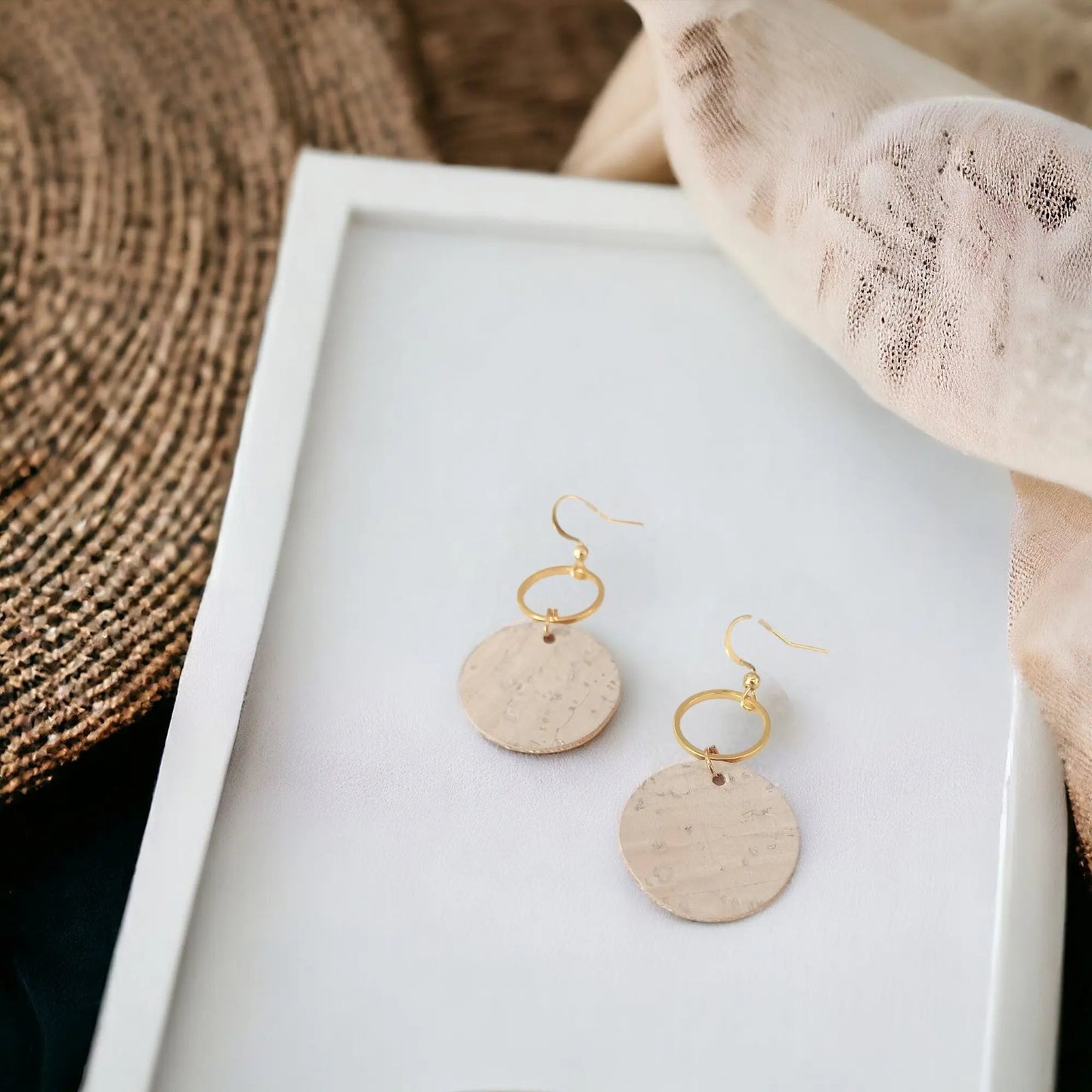 Boucles d'oreilles en liège ou cuir de cactus Lalie Karmyliege Liège-blanc-crème