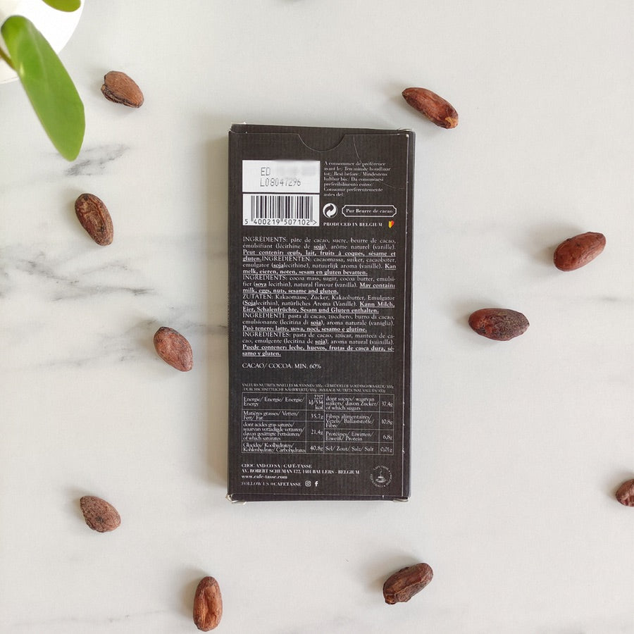 Café-Tasse, chocolatier belge, vous propose une tablette de chocolat noir 60% de cacao, chocolat belge, tablette de chocolat, chocolat noir,