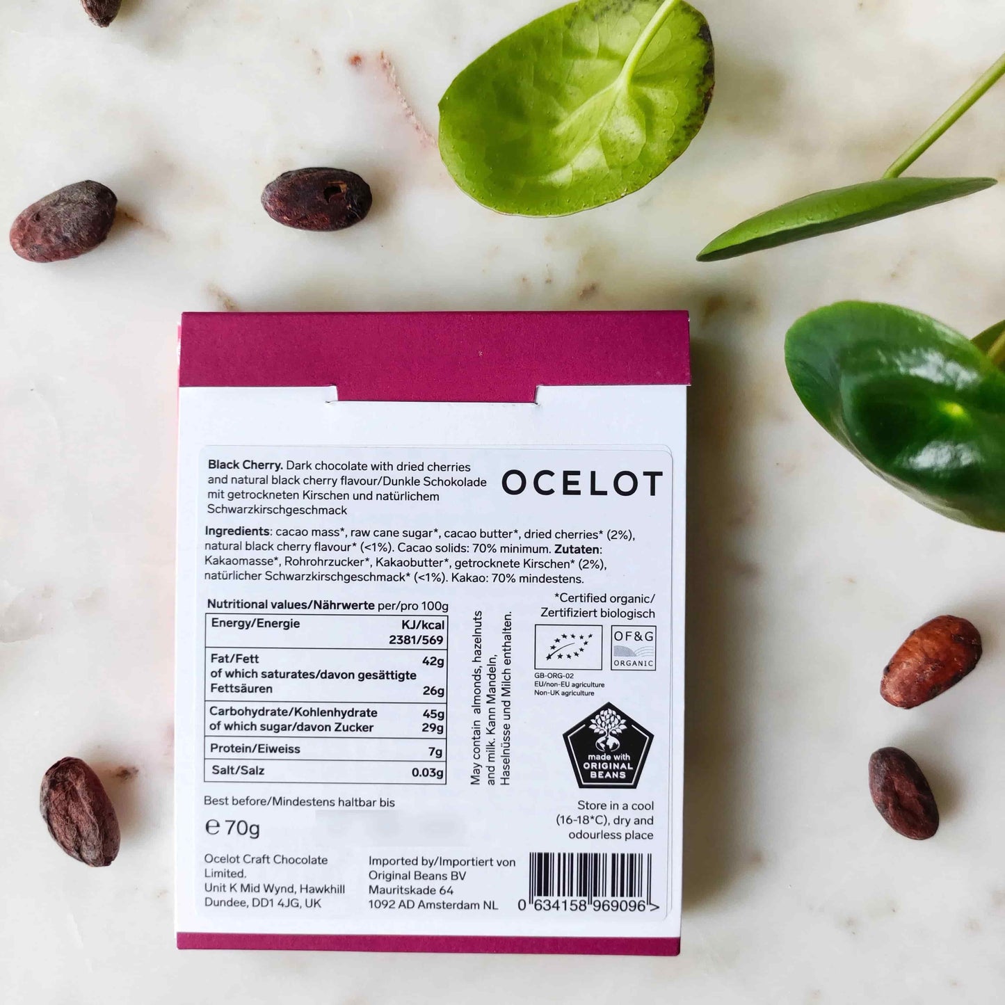 Chocolat noir Ocelot, 70% cacao, cerise noire, Virunga, Congo, puissant, fumé, acidulé, gourmand, luxueux. Edit alt text