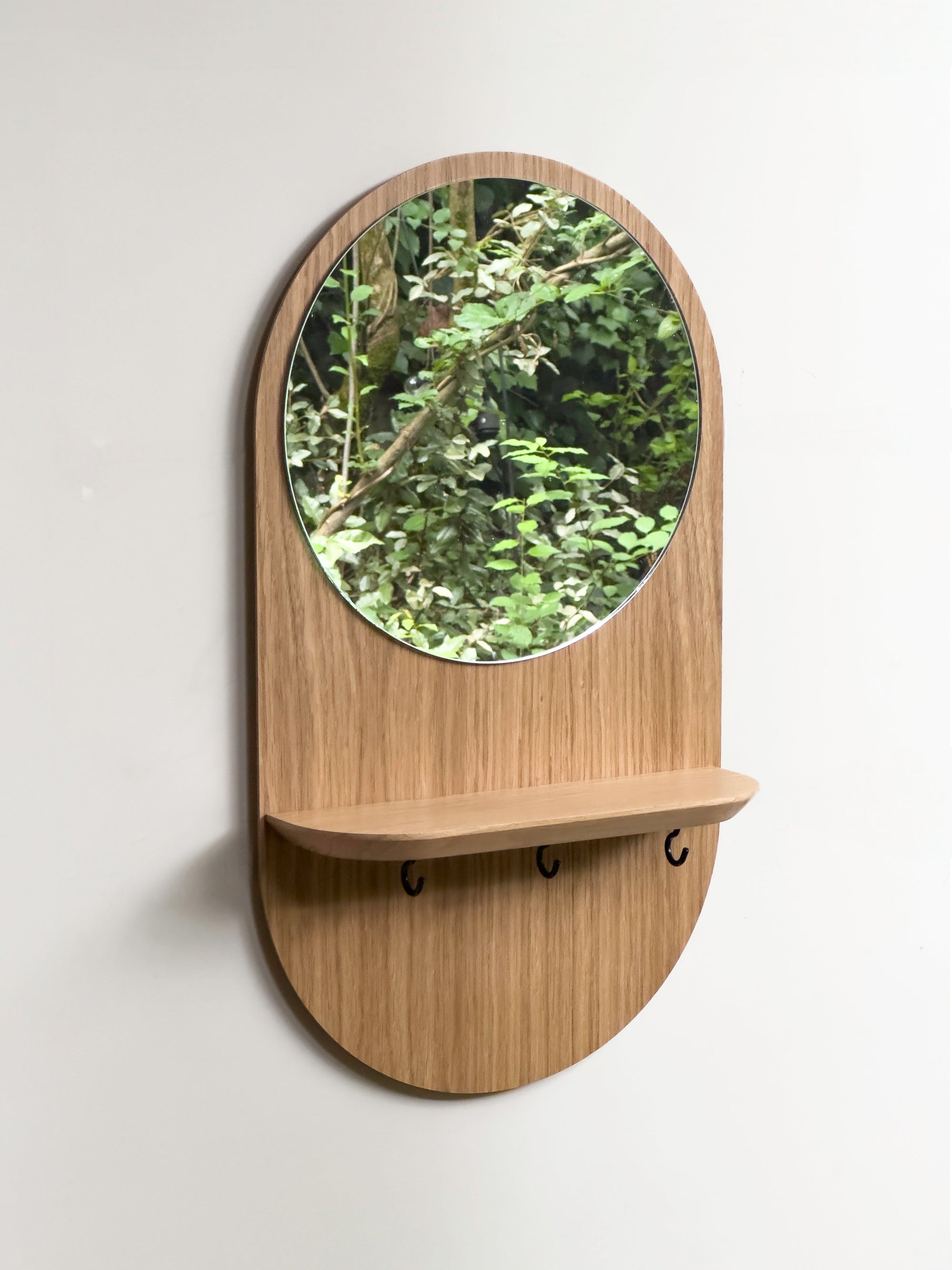 Éclipse Crochets - Miroir avec étagère et crochets en chêne