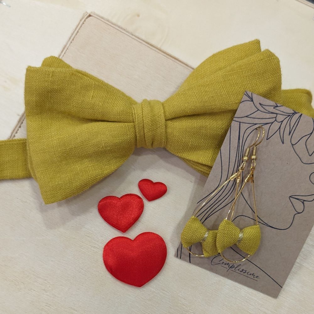 Coffret nœud papillon et boucles d'oreilles assortis en lin