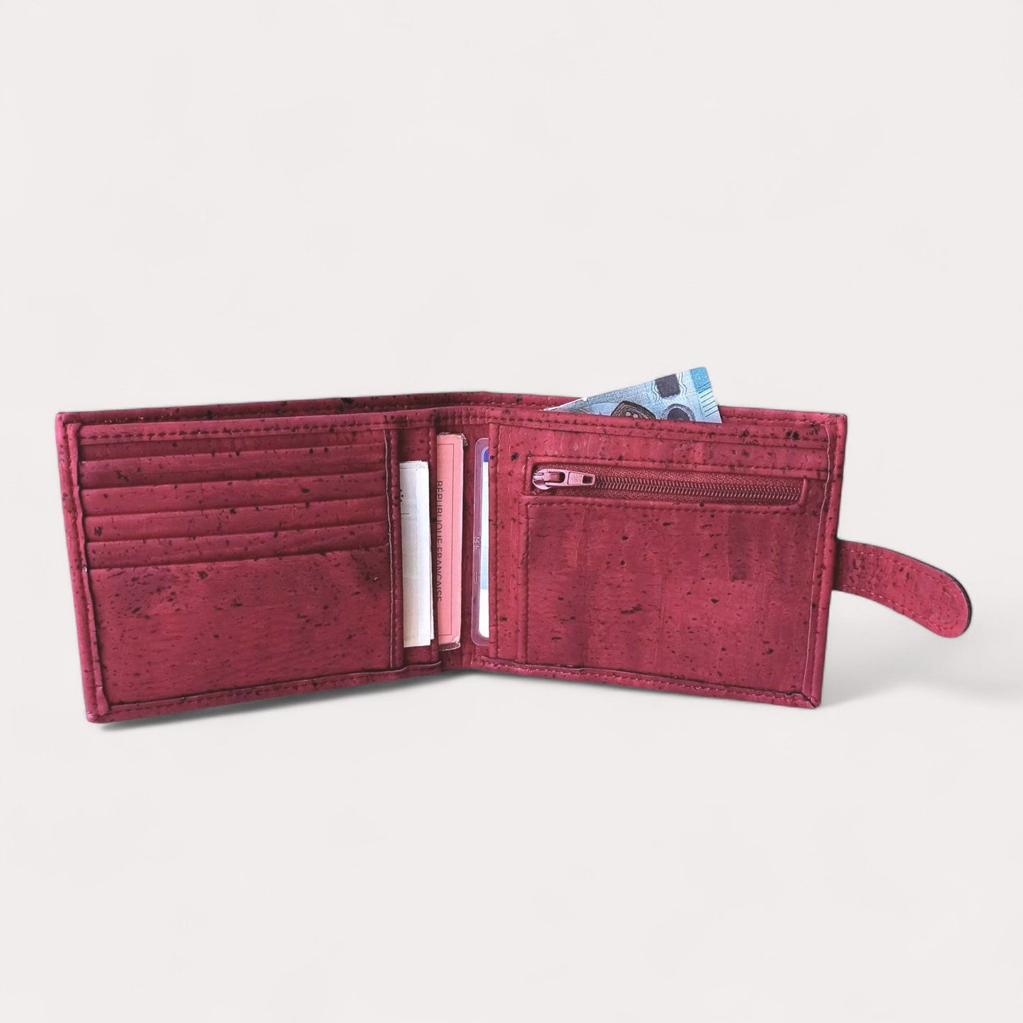 Portefeuille en liège avec zip, Roman bordeaux