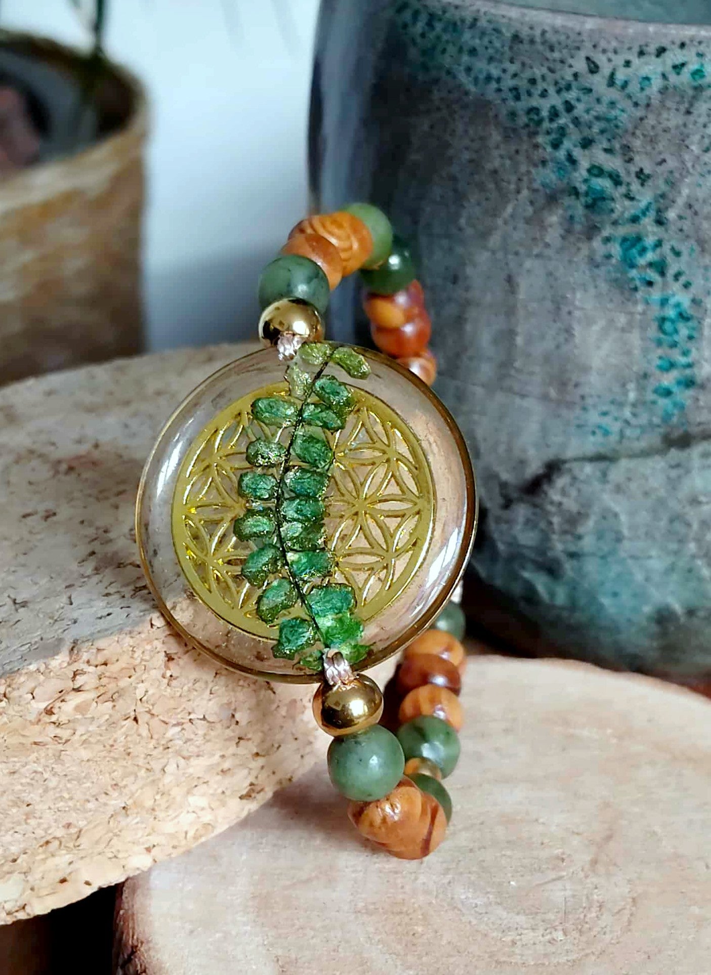 Bracelet, Fleur de vie, Fougère, Jade