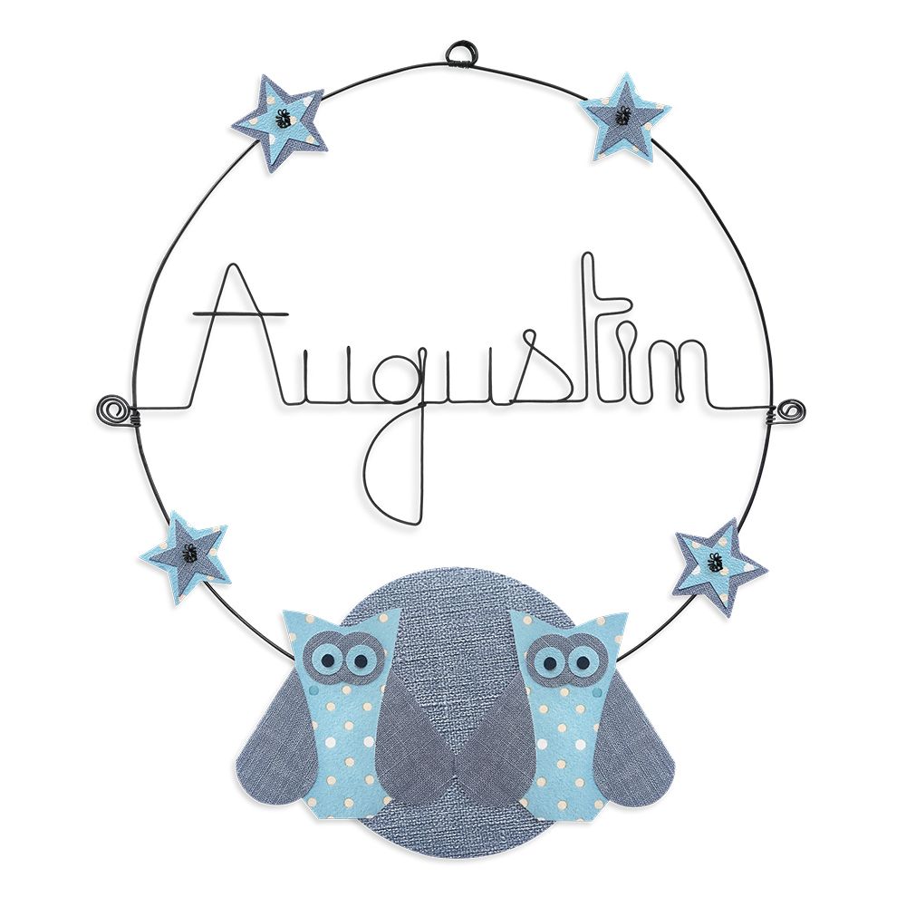 Prénom Augustin en fil de fer - Chouette bleue - Bijoux de mur
