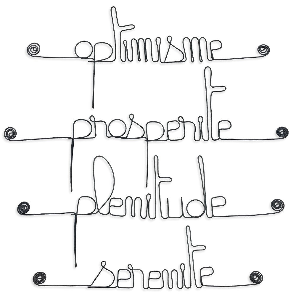 Lot de petits messages en fil de fer - POSITIF : Optimisme, Plénitude, Prospérité, Sérénité - Bijoux de mur