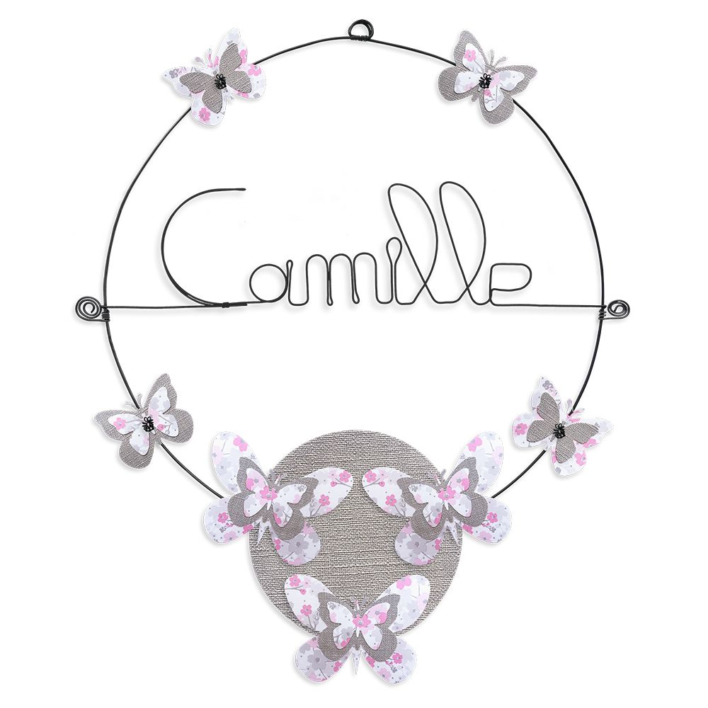 Prénom Camille en fil de fer - Papillon rose - Bijoux de mur