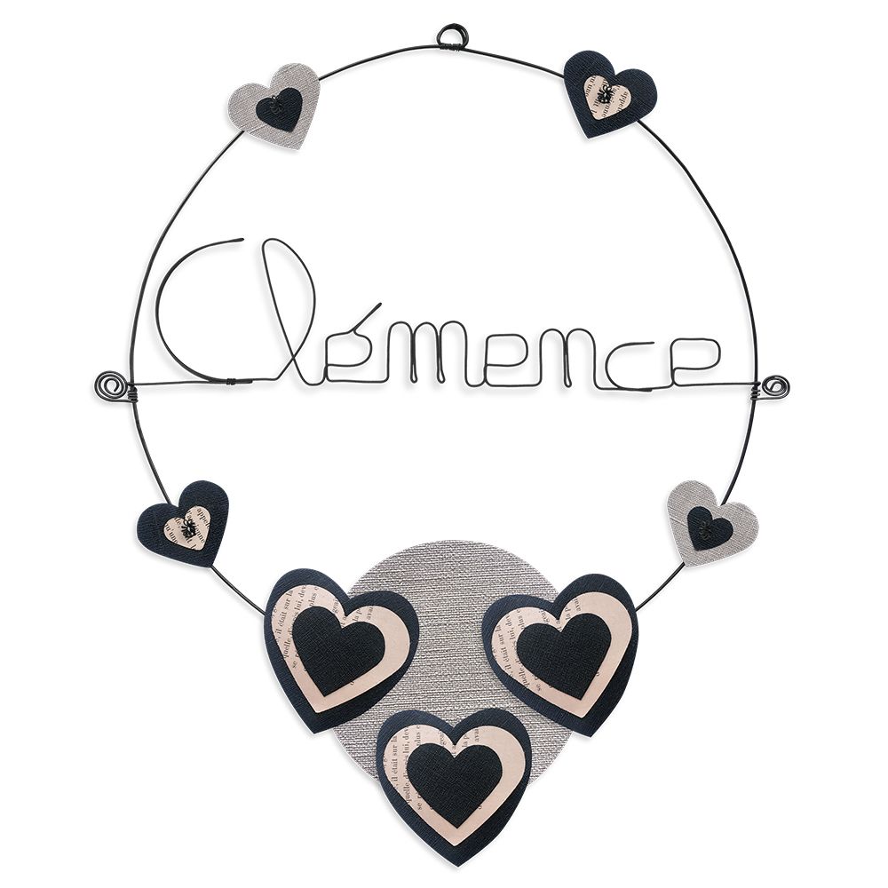 Prénom Clémence en fil de fer - Coeur noir - Bijoux de mur