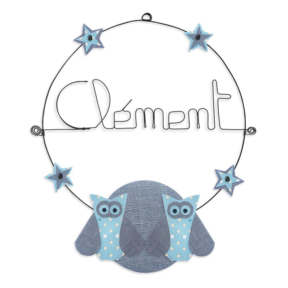 Prénom Clément en fil de fer - Chouette bleue - Bijoux de mur