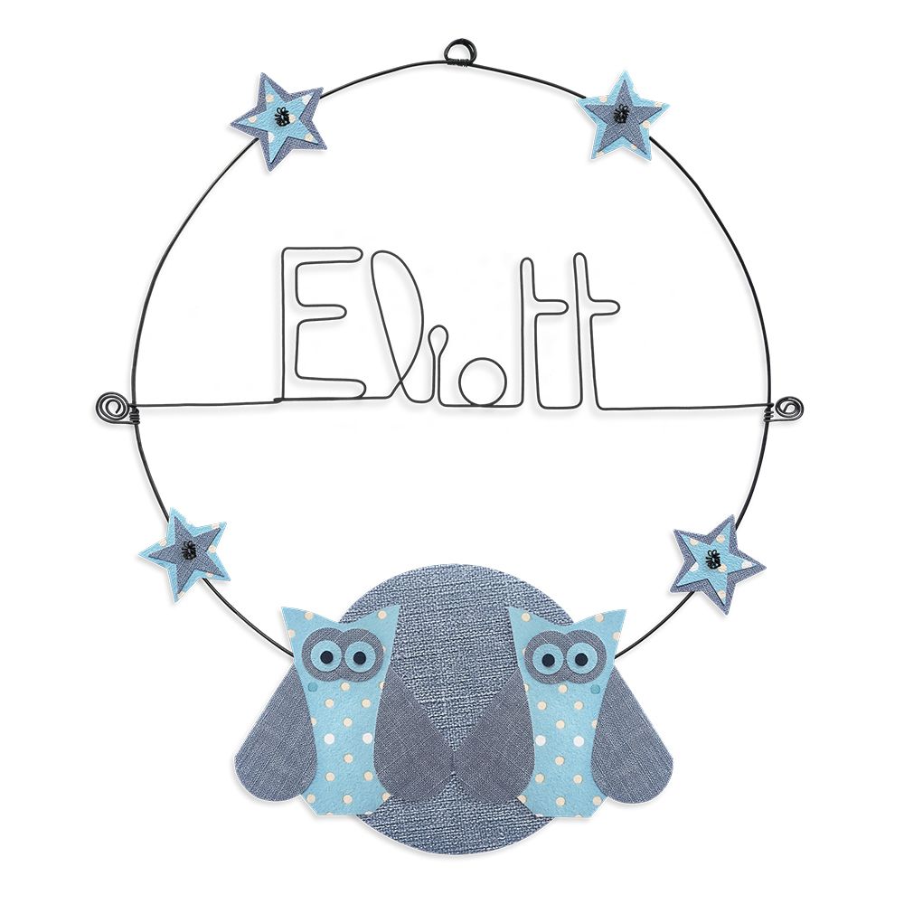 Prénom Eliott en fil de fer - Chouette bleue - Bijoux de mur