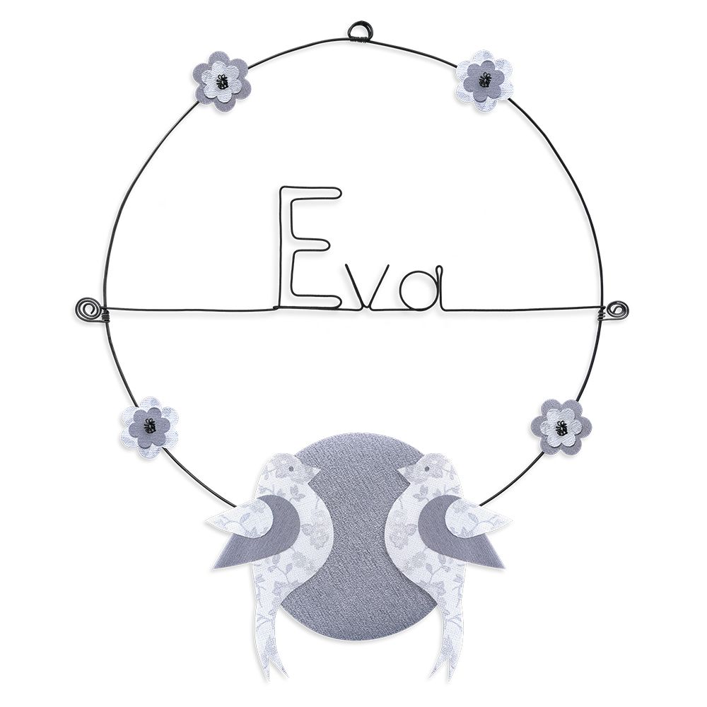 Prénom Eva en fil de fer - Oiseau blanc- Bijoux de mur