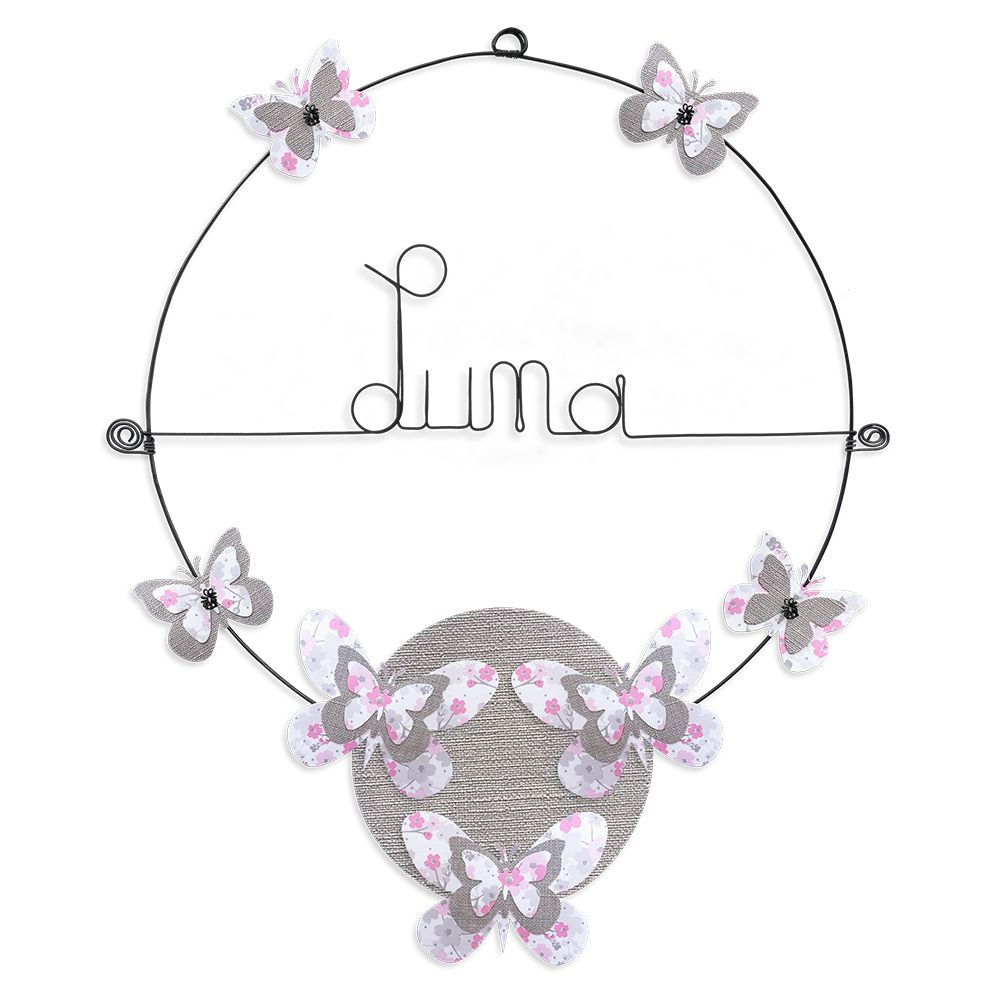 Prénom Luna en fil de fer - Papillon rose - Bijoux de mur