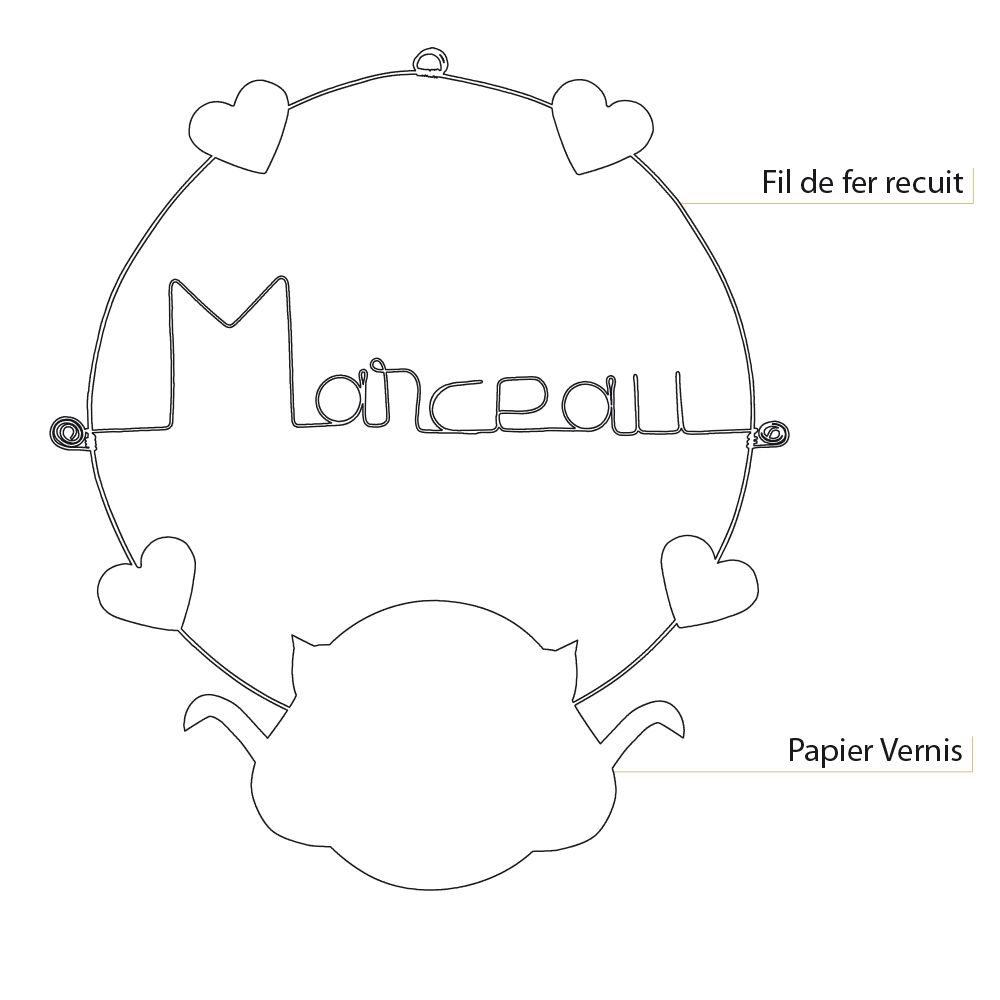 Prénom Marceau en fil de fer - Chat blanc - Bijoux de mur