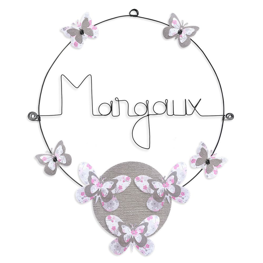 Prénom Margaux en fil de fer - Papillon rose - Bijoux de mur