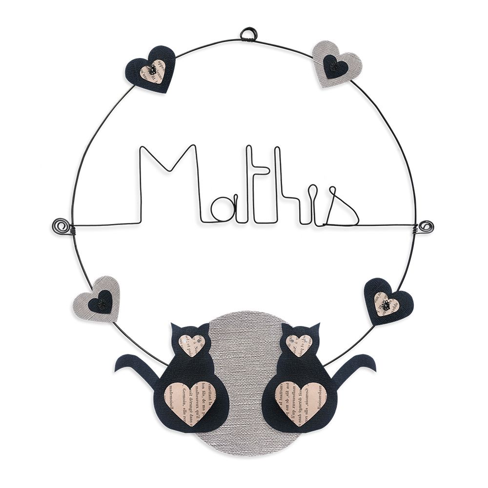Prénom Mathis en fil de fer - Chat noir - Bijoux de mur