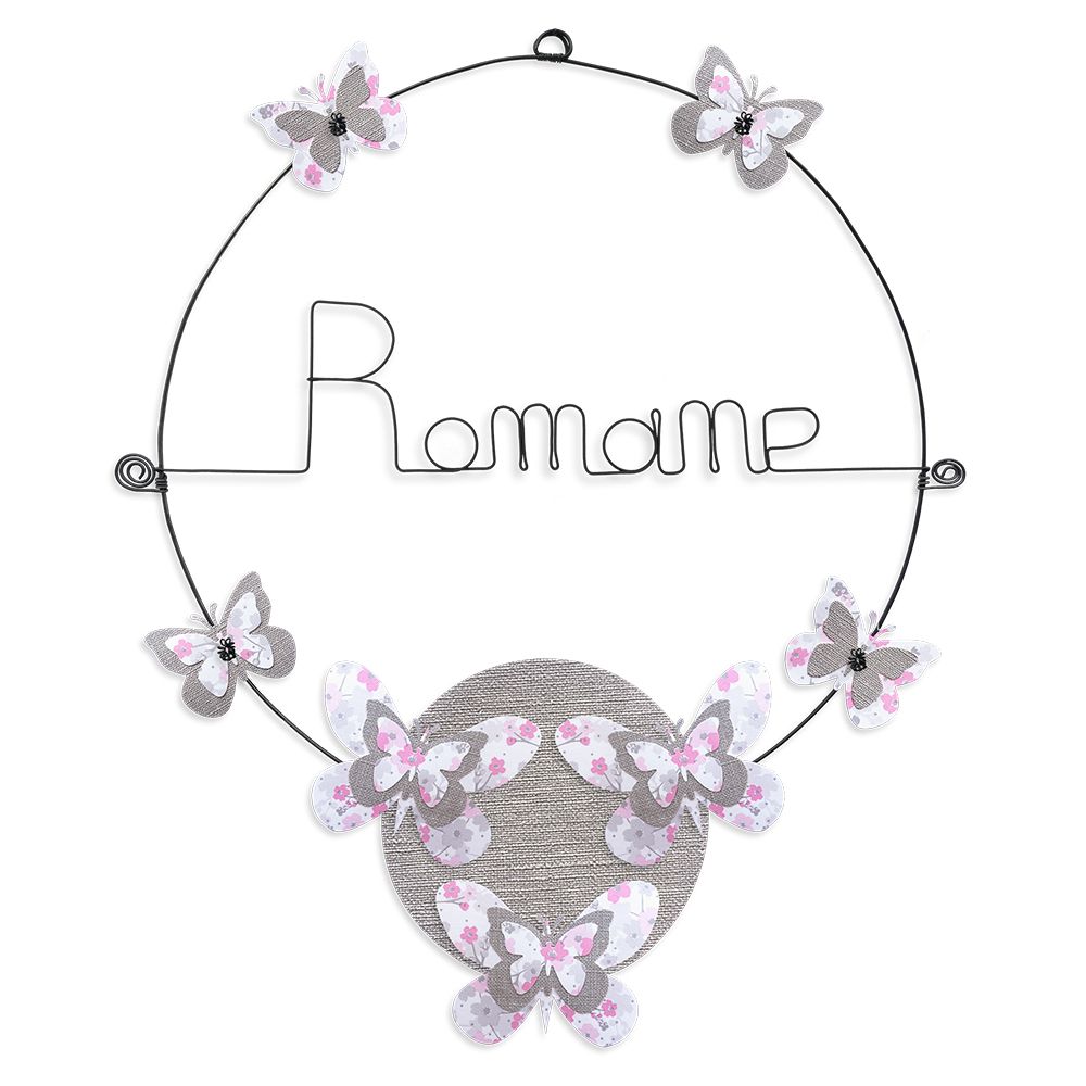 Prénom Romane en fil de fer - Papillon rose- Bijoux de mur